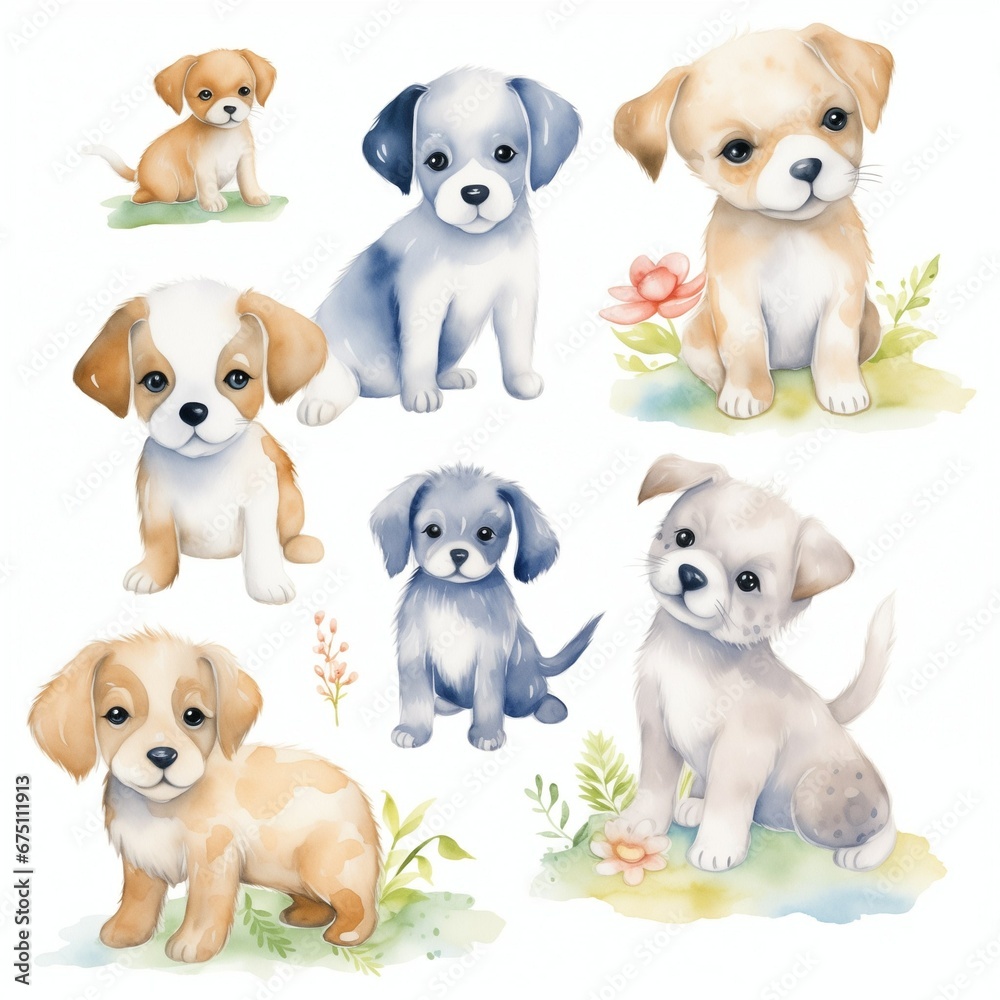 Obraz premium Watercolor cartoon animal puppies set for stickers, dogs on white bacground