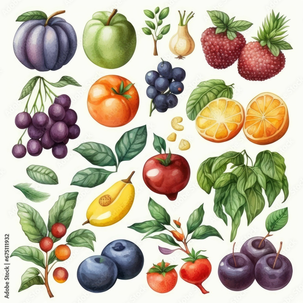AI generated illustration of a variety of vegetables and fruits on a white background AI generated illustration of a variety of vegetables and fruits on a white background