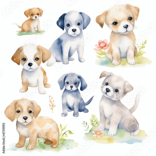 Watercolor cartoon animal puppies set for stickers, dogs on white bacground