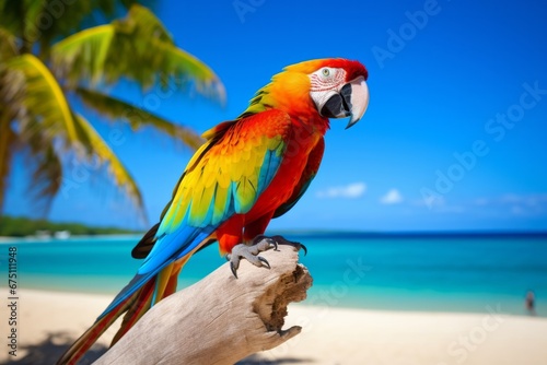 Colorful parrot sitting on tropical beach, blue sky