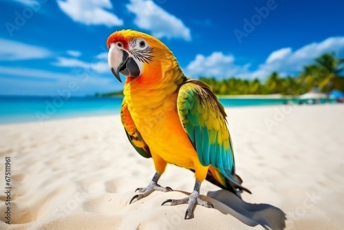 Colorful parrot sitting on tropical beach, blue sky