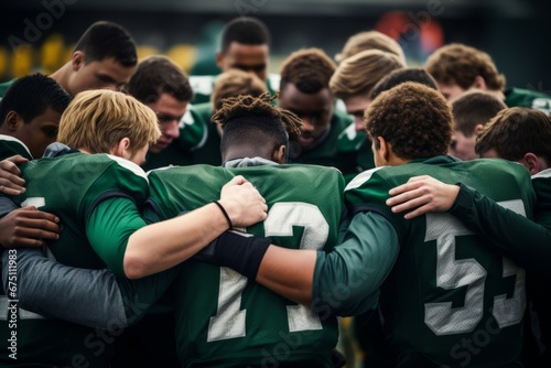 High school American football team with teenage boys holding hands in a huddle photo