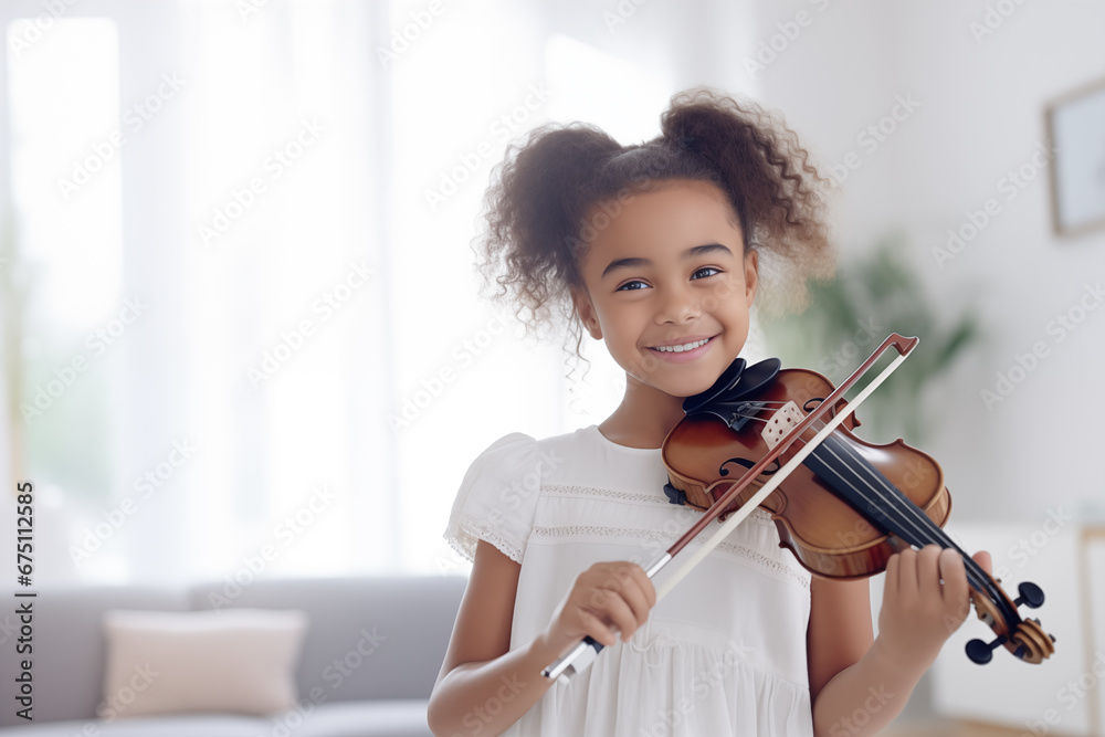 little girl having fun standing playing violin on blured white livingroom background little girl having fun standing playing violin on blured white livingroom background