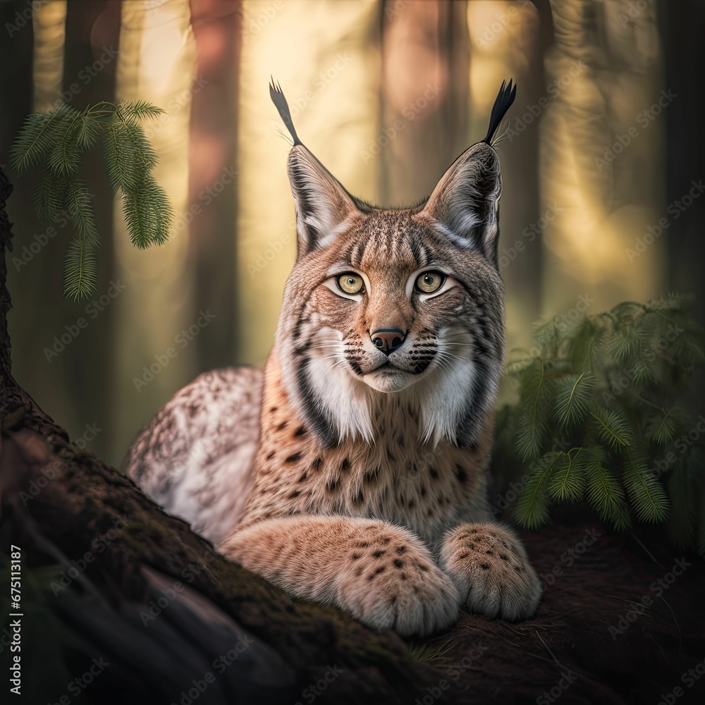 Obraz premium AI generated illustration of a bobcat in the woods staring out from behind a log