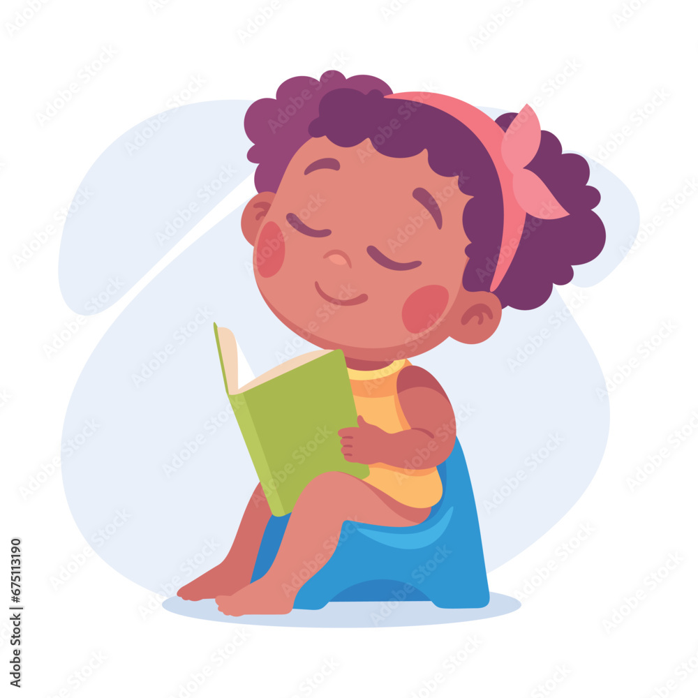 Baby Little Girl with Cute Face Sitting on Potty and Read Book Vector Illustration