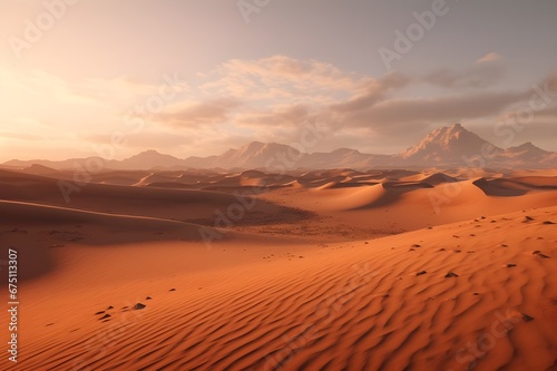 A dazzling desert landscape, with rolling sand dunes. 