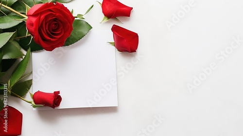 Blank greeting card mockup, greeting card style wedding invitations style, greeting card with in red rose on white table background