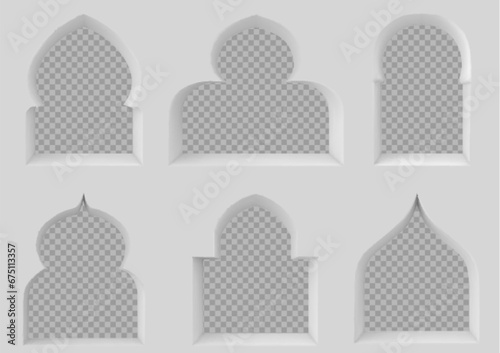 Arch window of mosque or muslim building with transparent hole. Realistic vector illustration set of islamic or indian traditional style geometric arc shape frames of door or gate in white wall.