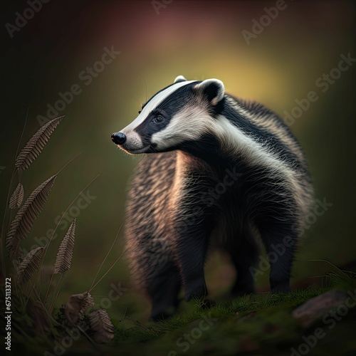 AI generated illustration of a badger on a meadow with fern leaves and flowers around him