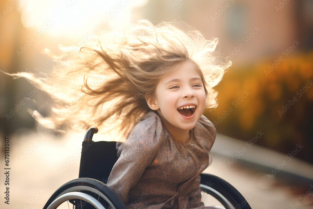 A young girl in a wheelchair with her hair blowing in the wind. A person with disabilities. The joy of life. Community support.