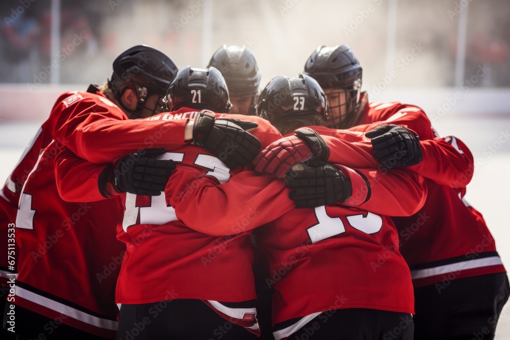 High school hockey team with teenage boys holding hands in a huddle - obrazy, fototapety, plakaty 