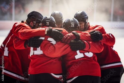 High school hockey team with teenage boys holding hands in a huddle photo