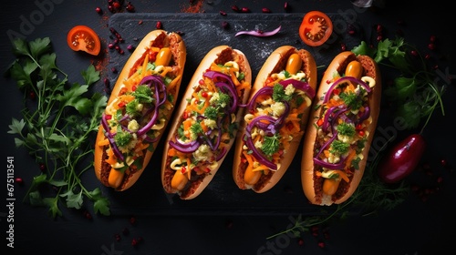 Carrot vegan hot dogs on dark slate background with assorted toppings Plant based meal concept