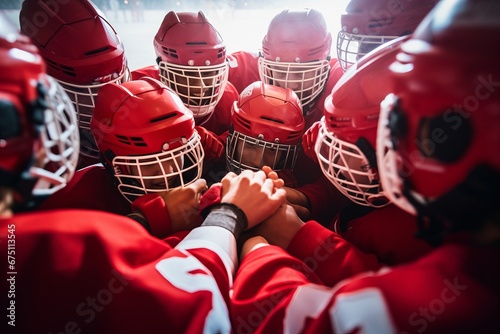 High school hockey team with teenage boys holding hands in a huddle photo