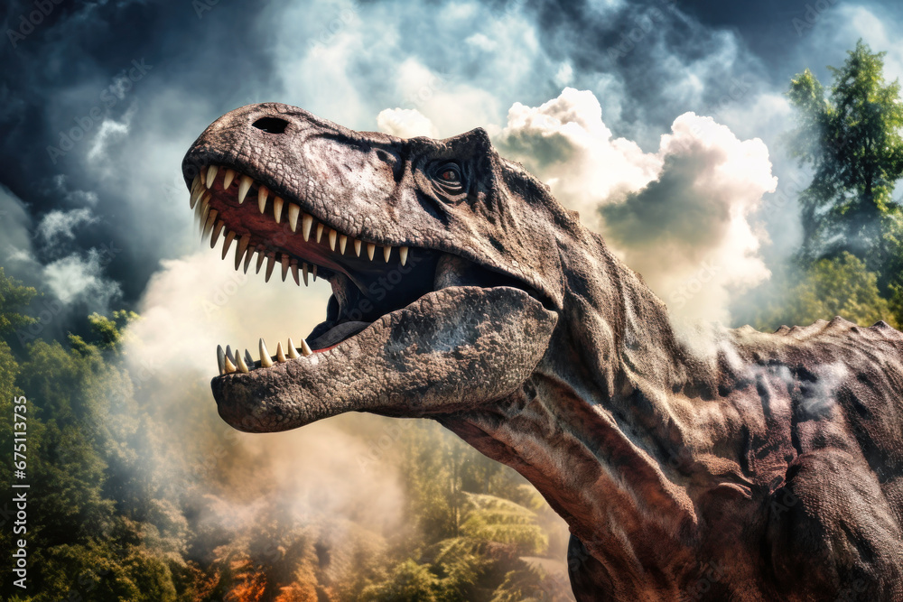 Fototapeta premium A huge dinosaur Tyrannosaurus T-rex against the backdrop of the primeval jungle. Prehistoric owner of the planet. A terrible predator.