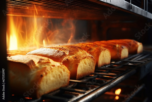 Bread in the oven at a bakery. Production and baking of fresh bread. Industrial furnace. Baking bread. Fire, smoke and steam. Close-up.