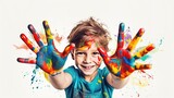 Child showing colourful painted hands, in the style of bright colors, bold shapes, letras y figuras, smilecore, capturing moments, colorist, bright glazes, quantumpunk, white background