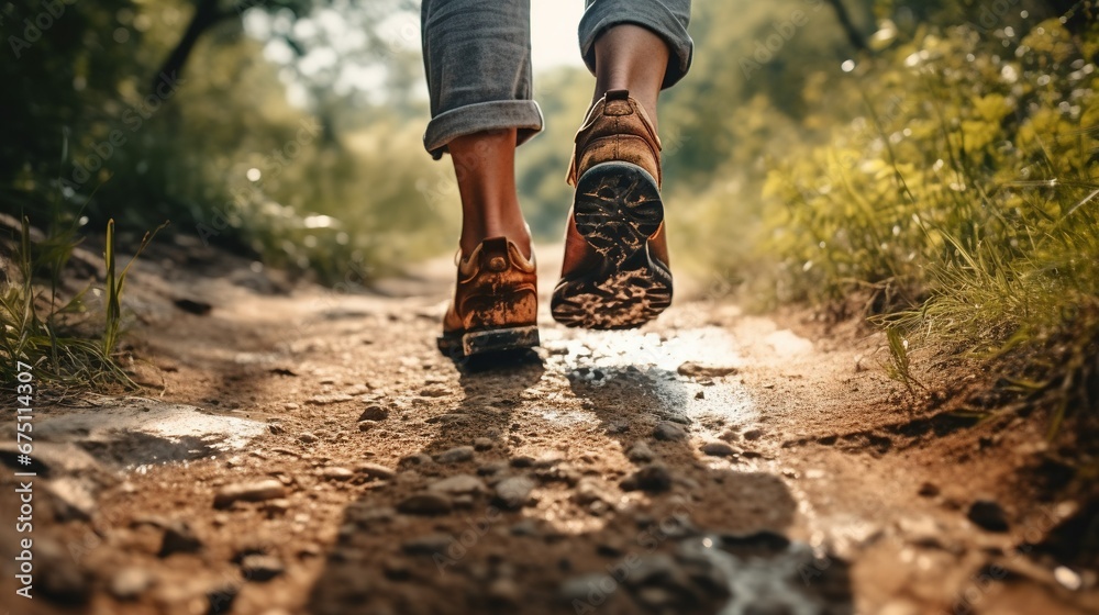 Close up of a person's feet walking on a path - obrazy, fototapety, plakaty 