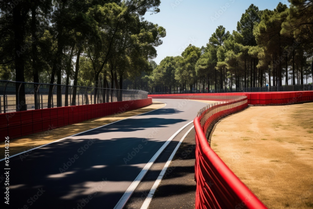 a bend at a Formula 1 race track. The sides of the track are lined with ...