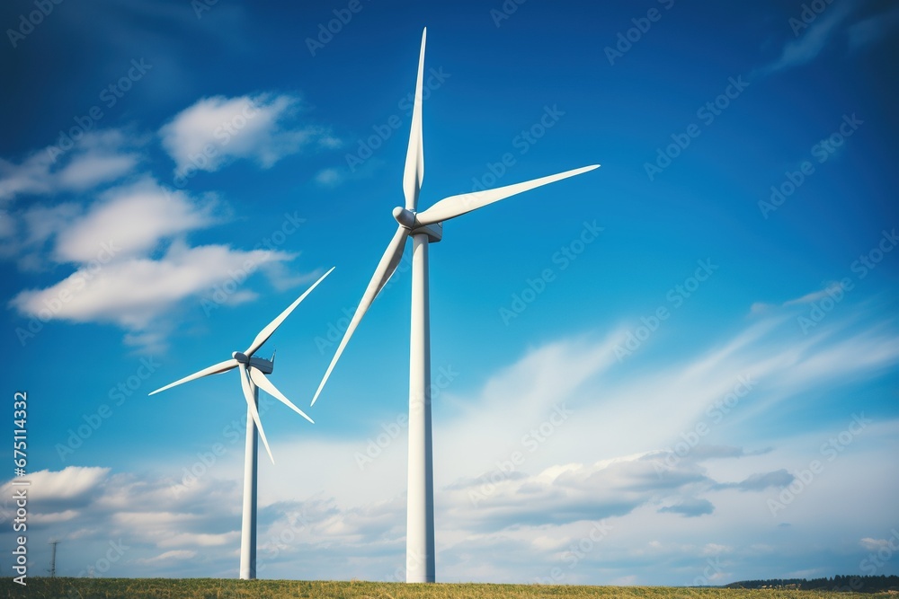 Close-up of two wind turbines on blue sky background