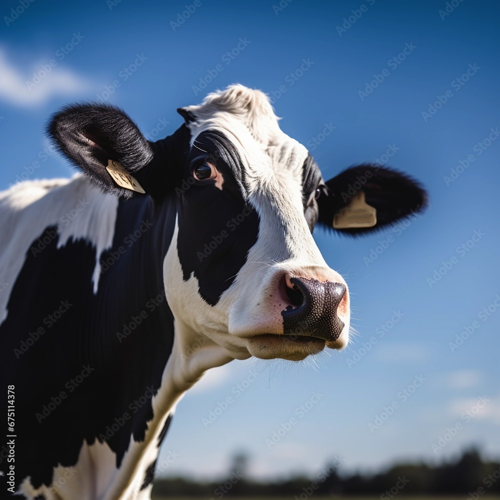 black and white holstein cow looking at camera, background is blue sky and white cloud. 
