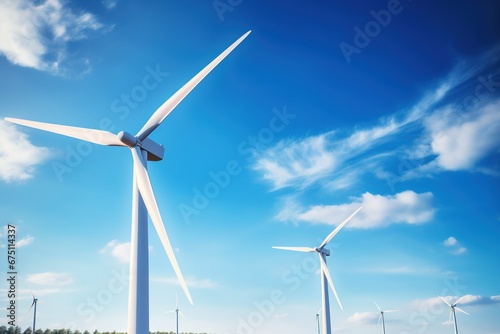 Close-up of two wind turbines on blue sky background