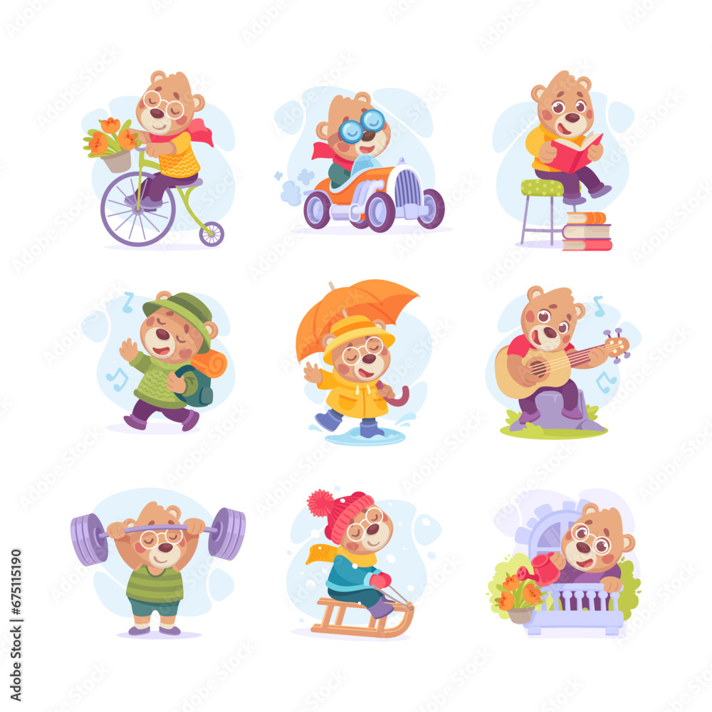 Cute Bear Character Engaged in Different Activity Vector Illustration Set Cute Bear Character Engaged in Different Activity Vector Illustration Set