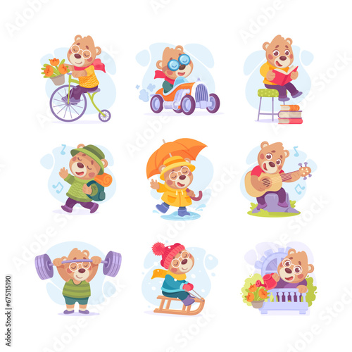 Cute Bear Character Engaged in Different Activity Vector Illustration Set
