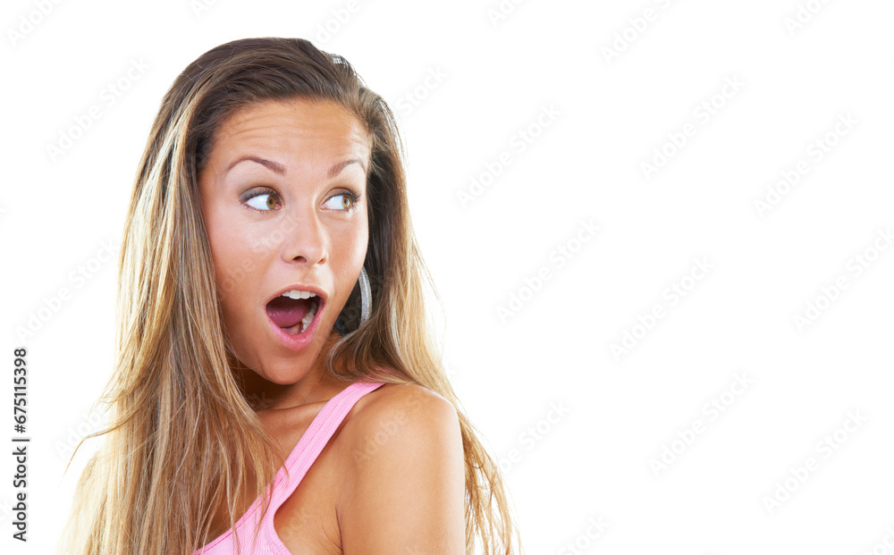 Surprise, fashion news and woman for deal in shopping announcement, promotion and sale in studio. Model, giveaway and wow shock for bonus, discount information and white background on mockup space