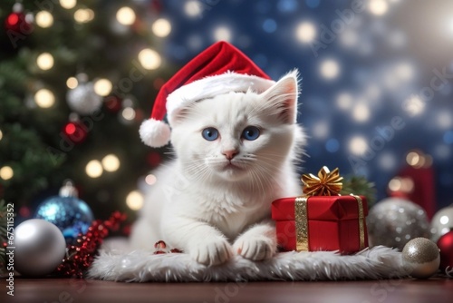 Cute White Cat with Santa Claus Hat in a Chirstmas Decor Scene © vectorwithin