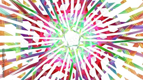 Colorful heliciform rotation of bright combination of fractal crossed lines constructions in white space. Iridescent rainbow circumvolution, transformation of intersecting stripes. 4K UHD 4096x2304 photo