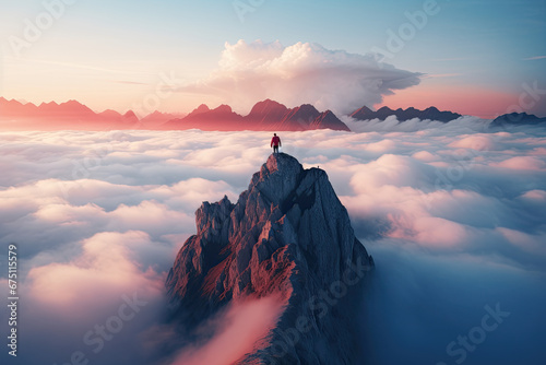 a single man stands on top of a mountain overlooking clouds