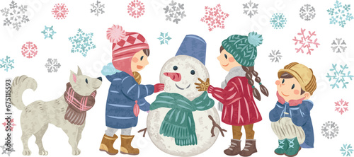 冬　雪だるまを作る子どもたちと雪の結晶のイラスト