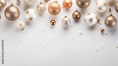 Classy Christmas Ornaments Flat Lay with an Overhead View - Staged Against a Weathered White Background with Vintage, Grunge Effect - Xmas Holiday Concept with Copy Space