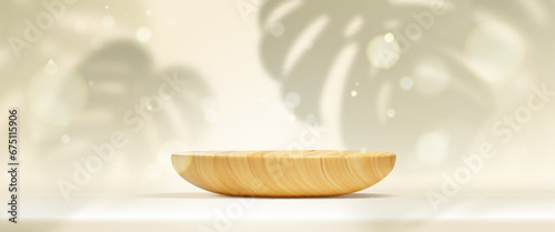 Light brown wooden 3d product podium with monstera leaf shadow on wall. Round platform with wood texture for natural goods display. Realistic vector mockup of pastel pedestal for presentation.
