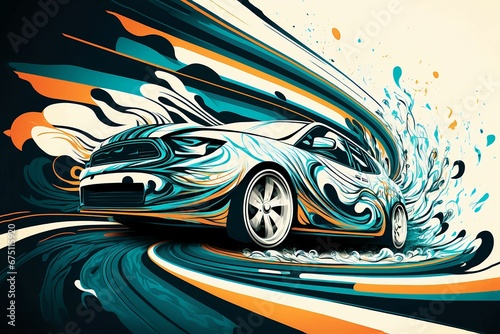 AI generated illustration of a car with a colorful abstract pattern on a yellow background