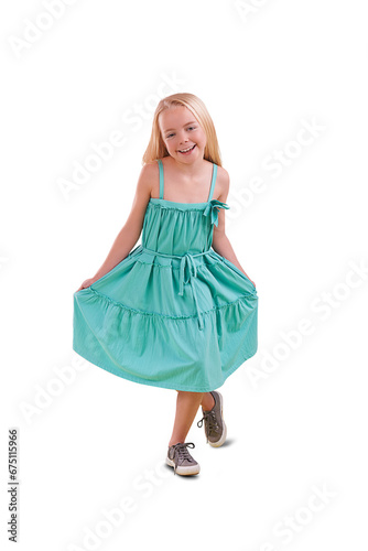 Portrait, smile and happy girl with curtsy and modern fashion and clothing with dance. Young kid, youth clothes and child from Sweden with joy and dress isolated on a transparent, png background photo