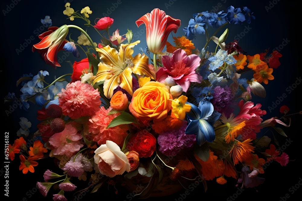 A vibrant bouquet of flowers, bursting with color.

