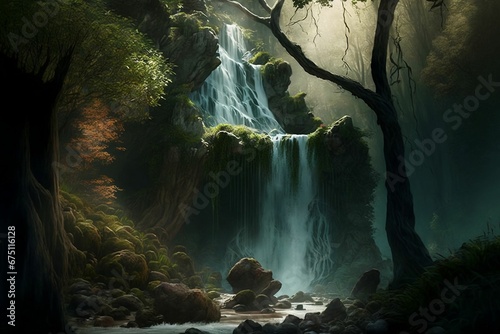AI-generated illustration of a waterfall in the forest with grass and trees growing around