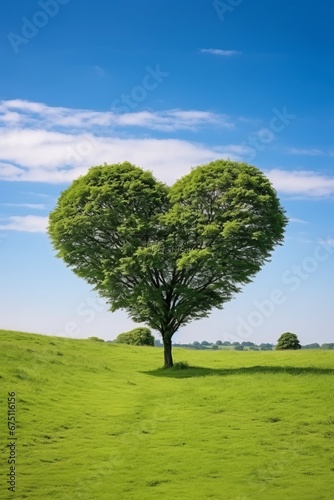 An isolated tree in the meadow, its branches forming the shape of a heart