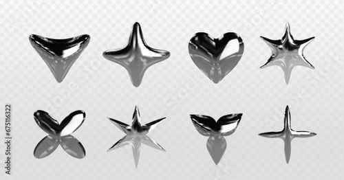Chrome y2k abstract shapes. 3d realistic vector illustration set of silver inflatable forms of heart, star and liquid metal. Graphic design elements made of steel or platinum with reflections. photo