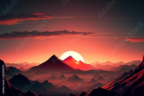 AI-generated illustration of a landscape view at sunset, fiery sky and sun background