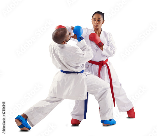 Karate punch, martial arts fight and sport with training, defence and fighter for cardio competition. Exercise, skill fitness and athlete uniform with workout isolated on transparent, png background