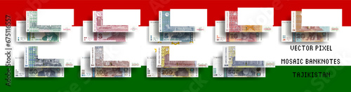 Vector set of pixel mosaic banknotes of Tajikistan. Collection of bills in denominations of 1, 3, 5, 10, 20, 50, 100, 200 and 500 somoni. Play money or flyers. photo