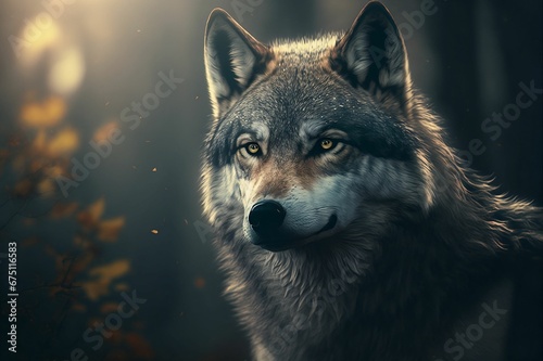 AI-generated illustration of a head of wolf with light blurred background