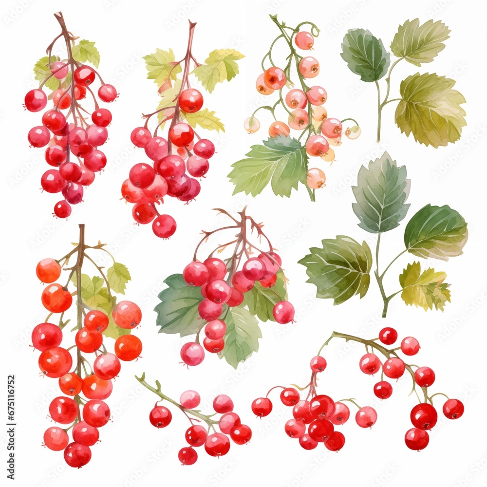 Red currant berries in watercolor collection with flower and leaf with branch Red currant berries in watercolor collection with flower and leaf with branch