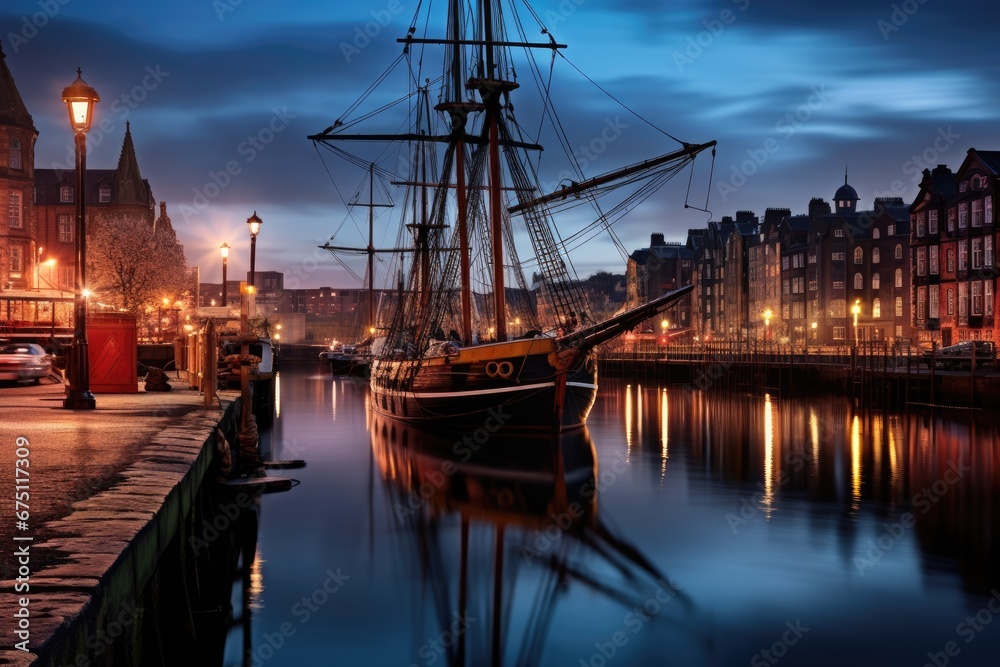 Historic sailing ship in the harbor of Gdansk, Poland, Old Leiths Docks at Twilight. Edinburgh, Scotland, AI Generated