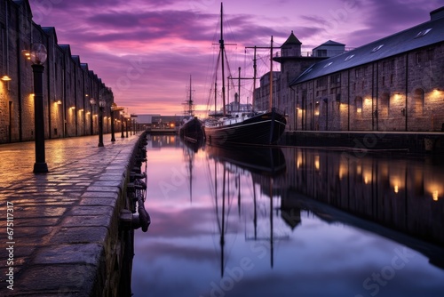 Dramatic sunset over the marina in the old town of Edinburgh, Scotland, Old Leiths Docks at Twilight. Edinburgh, Scotland, AI Generated