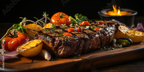 Juicy grilled steak seared to perfection with grilled vegetables on dish.