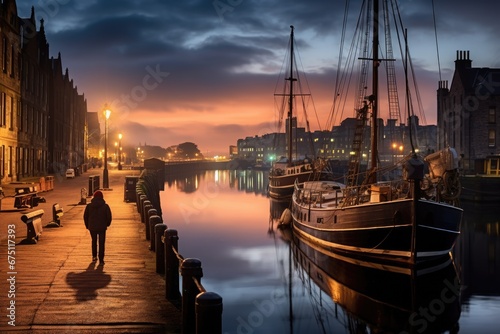 Old harbor of Gdansk at night, Poland. Long exposure, Old Leiths Docks at Twilight. Edinburgh, Scotland, AI Generated